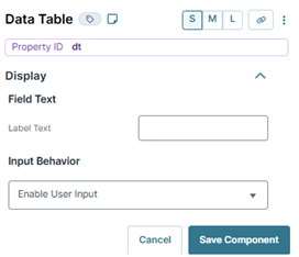 A static image displaying the Data Table component's Display settings.
